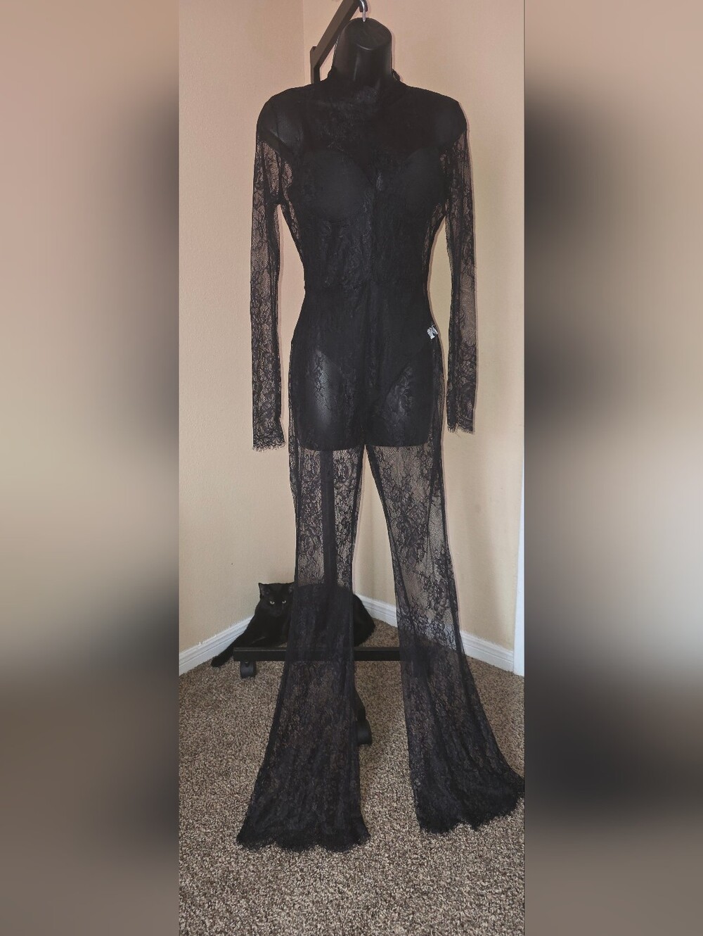 Sheer Black Lace Long-Sleeve Jumpsuit Bodysuit